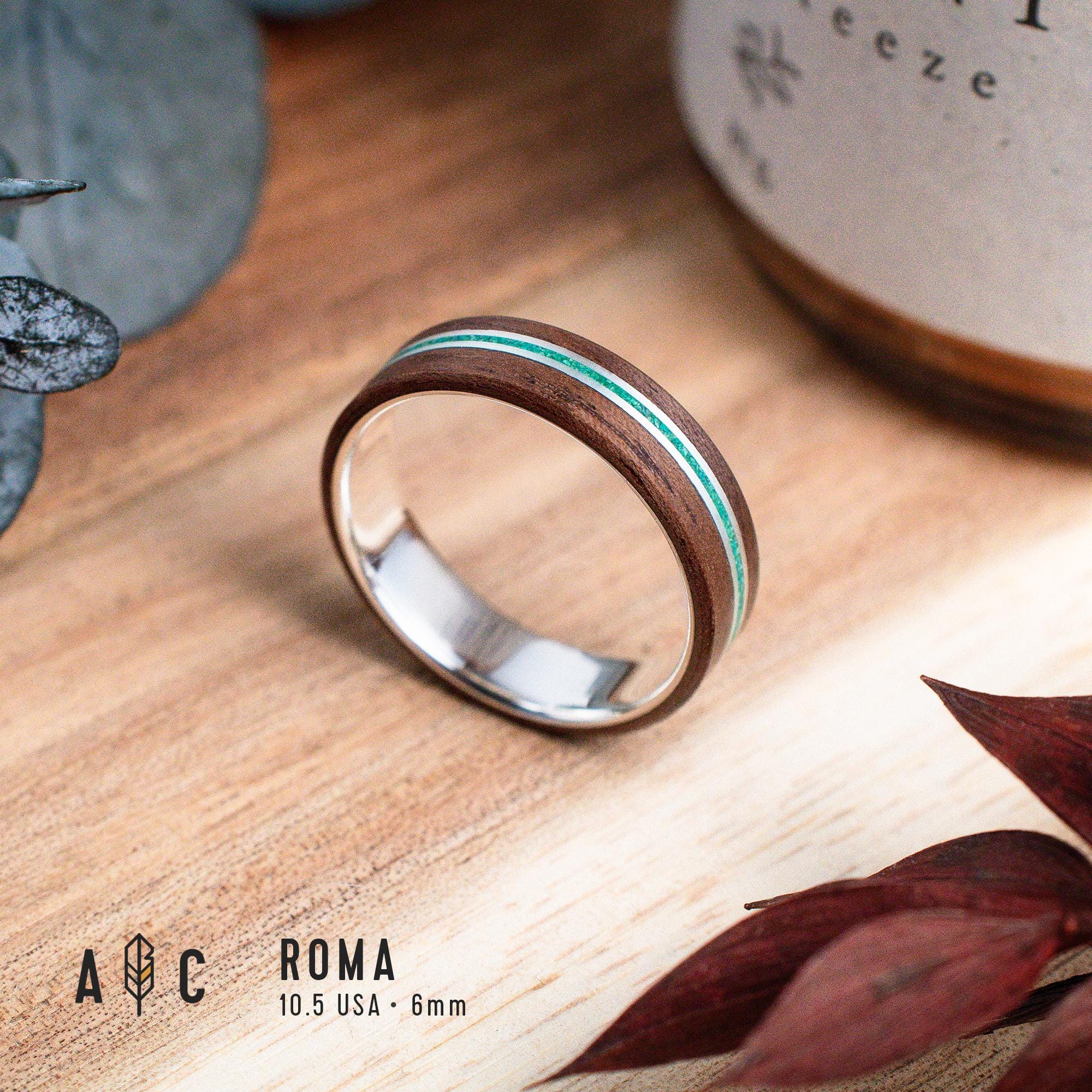 Silver and rosewood ring with malachite inlay. Engagement ring, wedding ring. Boho wedding ring.