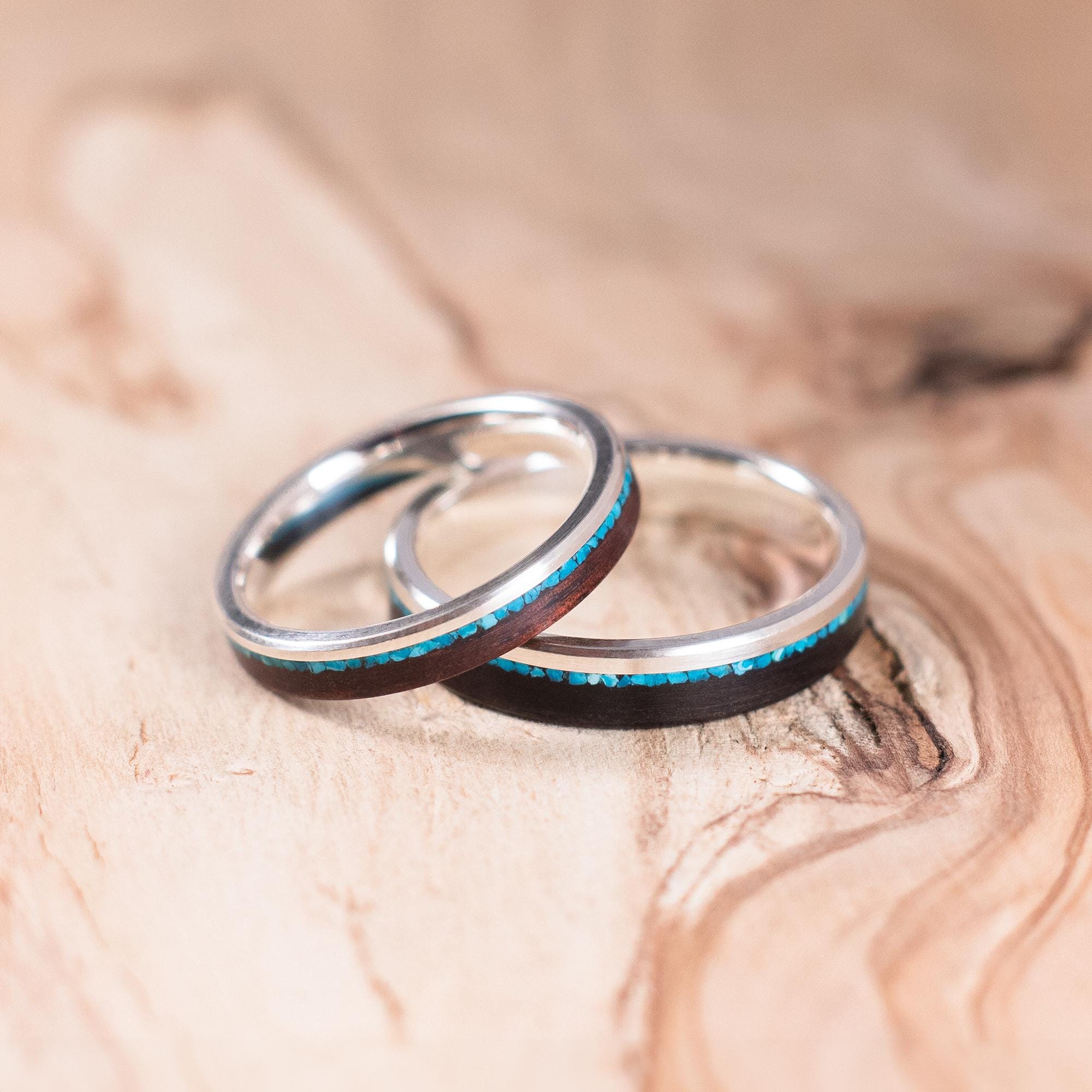 Couple silver and Rosewood and Ebony wedding ring with Crisocolla inlay. Engagement ring, wedding ring set.