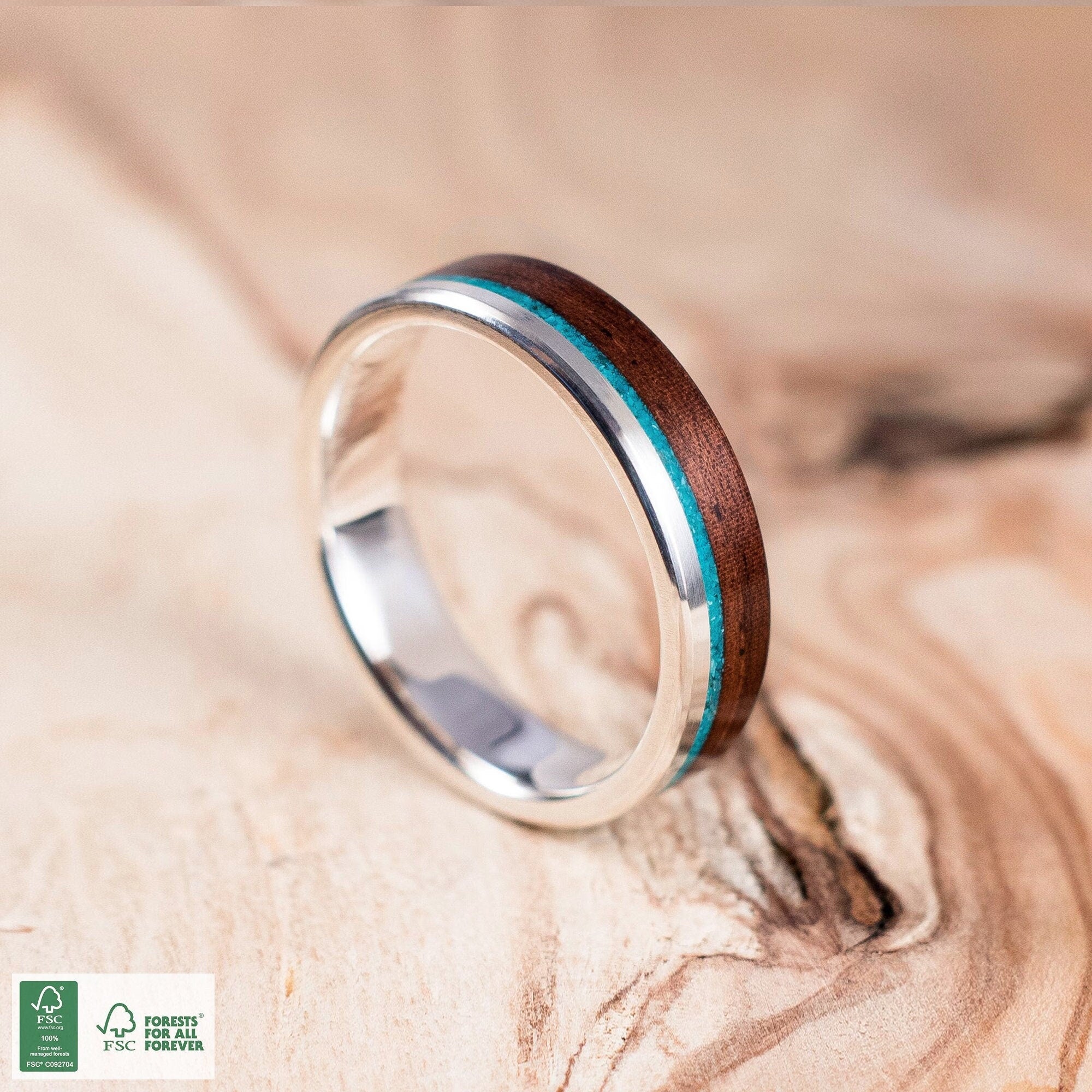 Silver and Rosewood ring with Crisocolla inlay. Engagement ring, wedding ring.
