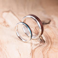 Couple silver and Rosewood rings with Chrisocolla inlay. Engagement ring, wedding ring.