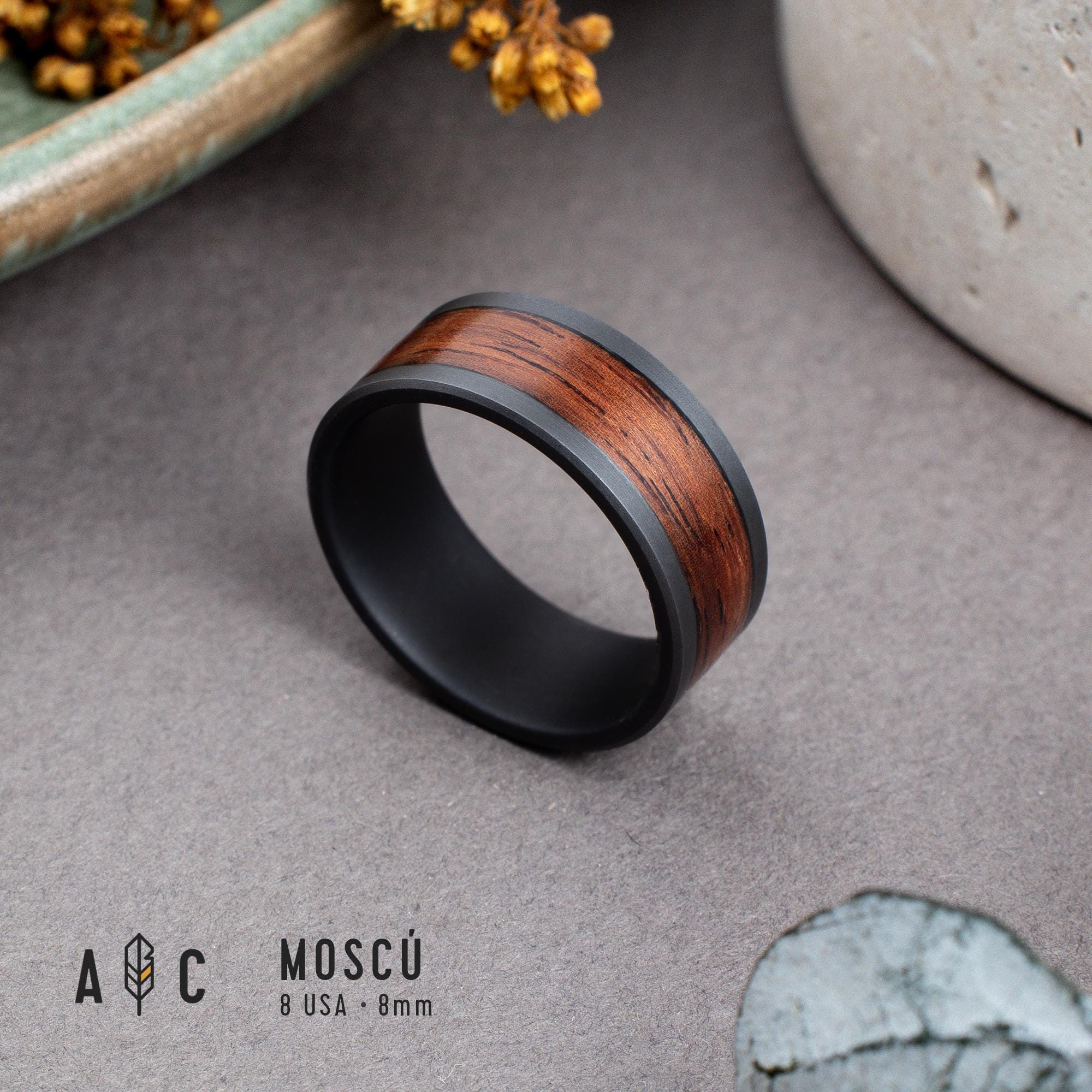 Rustic Wedding Band - Black Titanium with Rosewood Inlay
