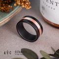 Fire-blackened titanium and Copper Ébony wood ring. Engagement ring, wedding ring.
